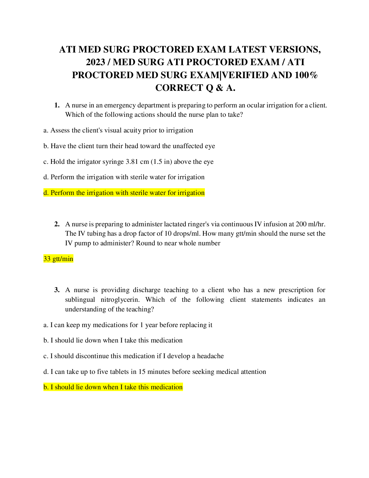 Preview image for ATI MED SURG PROCTORED EXAM LATEST VERSIONS, 2023 / MED SURG ATI PROCTORED EXAM / ATI PROCTORED MED SURG EXAM|VERIFIED AND 100% CORRECT Q & A.